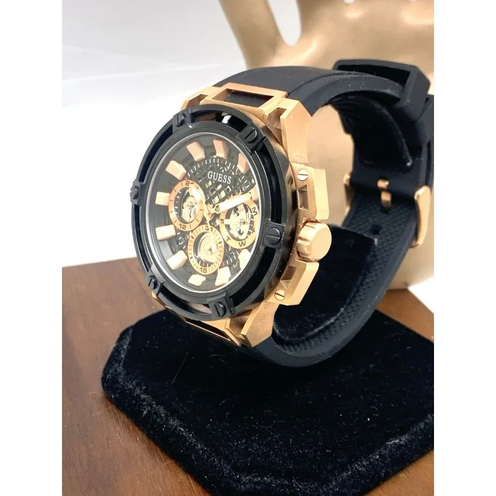 Guess Men's Watch GW0423G5 Quartz Black Rose Gold Rubber Strap 47mm